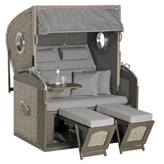 Strandkorb Rustikal 305 Z Bullauge Comfort, 2-Sitzer XL, Lieger, Geflecht vintage-oak, Stoff-Nr. 1249