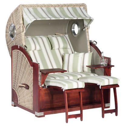 Strandkorb Rustikal 500 PLUS Comfort, 2-Sitzer XL, Geflecht antik-weiß, Stoff 1227, innen uni taupe