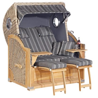 Strandkorb Rustikal 500 PLUS Comfort, 2-Sitzer XL, Geflecht antik-weiß, Stoff 1232, innen uni anthrazit