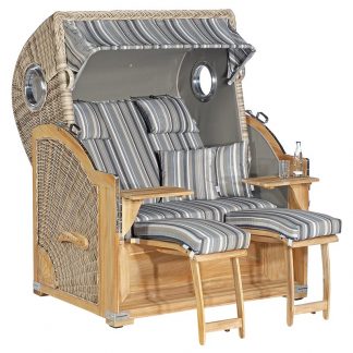 Strandkorb Rustikal 500 PLUS Comfort, 2-Sitzer XL, Geflecht antik-weiß, Stoff 1233, innen uni taupe