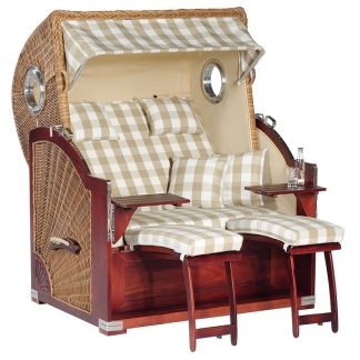 Strandkorb Rustikal 500 PLUS Comfort, 2-Sitzer XL, Geflecht natura-braun, Stoff 1224, innen uni taupe