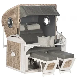 Strandkorb Rustikal 305 Z Bullauge Comfort XL, 2-Sitzer XL, Lieger, Geflecht vintage-oak, Stoff 1249