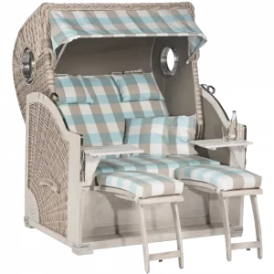 Strandkorb Rustikal 500 PLUS Comfort, 3/4-Liegemodell, Zweisitzer XL, Kunststoffrundgeflecht antik-weiß, Mahagoni-Holz smoke-white, Stoff-Nr. 1212, Innen uni taupe, mit seitlichen Bullaugen, inklusive Komfortausstattung