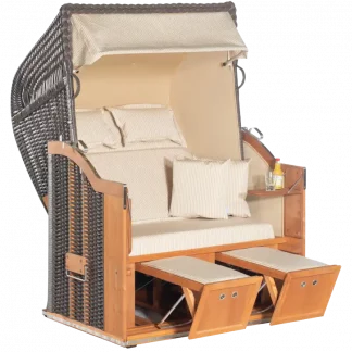 Strandkorb Classic, Halbliegemodell, Zweisitzer, PE-Kunststoffgeflecht cappuccino, Variopolsterung: Stoff-Dessin 31, Innenstoff uni sand