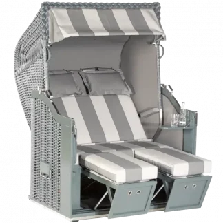 Strandkorb Classic, Halbliegemodell, Zweisitzer, PE-Kunststoffgeflecht onix, Variopolsterung: Stoff-Dessin: 59 und Innenstoff: uni grau kariert