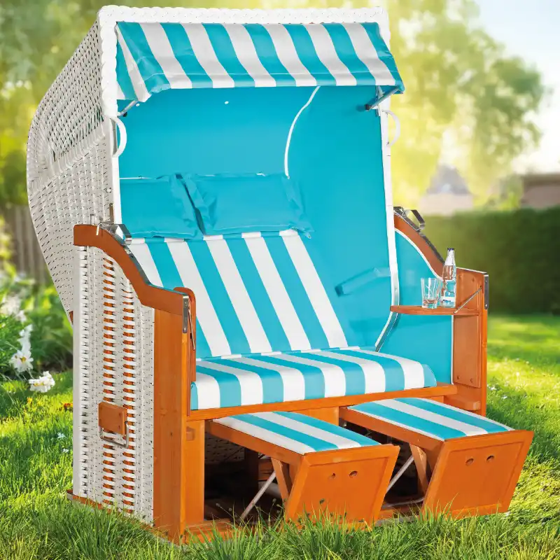 Strandkorb Classic, Halbliegemodell, Zweisitzer, PE-Kunststoffgeflecht weiß, Variopolsterung: Stoff-Dessin 62, Innenstoff uni türkis