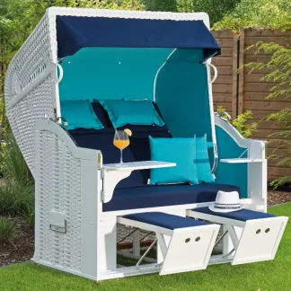 Halbliegemodell, Zweisitzer XL, PVC-Kunststoffrundgeflecht weiß, Variopolsterung: Stoff-Dessin 702, Innenstoff uni türkis