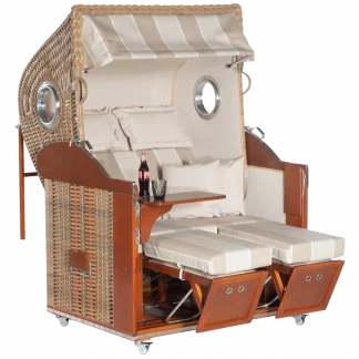 Liegemodell mit seitlichen Bullaugen, Zweisitzer, PE-Kunststoffgeflecht marone, Variopolsterung: Stoff-Dessin 58, Innenstoff beige kariert