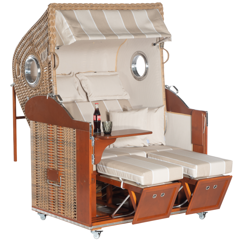 Liegemodell mit seitlichen Bullaugen, Zweisitzer, PE-Kunststoffgeflecht marone, Variopolsterung: Stoff-Dessin 58, Innenstoff beige kariert