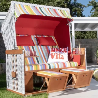Halbliegemodell, Zweisitzer XL, PE-Kunststoffgeflecht white-washed, Variopolsterung: Stoff-Dessin 13, Innenstoff uni rot