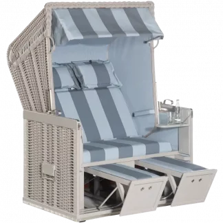 Halbliegemodell, Zweisitzer, PE-Kunststoffgeflecht taupe, Variopolsterung: Stoff-Dessin 19, Innenstoff uni jeansblau-weiß