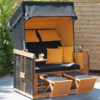 Halbliegemodell, Zweisitzer, PVC-Kunststoffgeflecht schwarz, Variopolsterung: Stoff-Dessin 711, Innenstoff uni mandarin