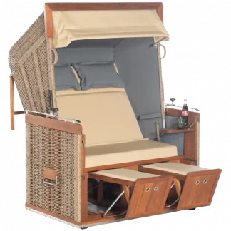 Liegemodell, Zweisitzer, Teakholz, PE-Kunststoffrundgeflecht in Hyazinthoptik, Variopolsterung: Stoff-Dessin 7011, Innenstoff uni steingrau