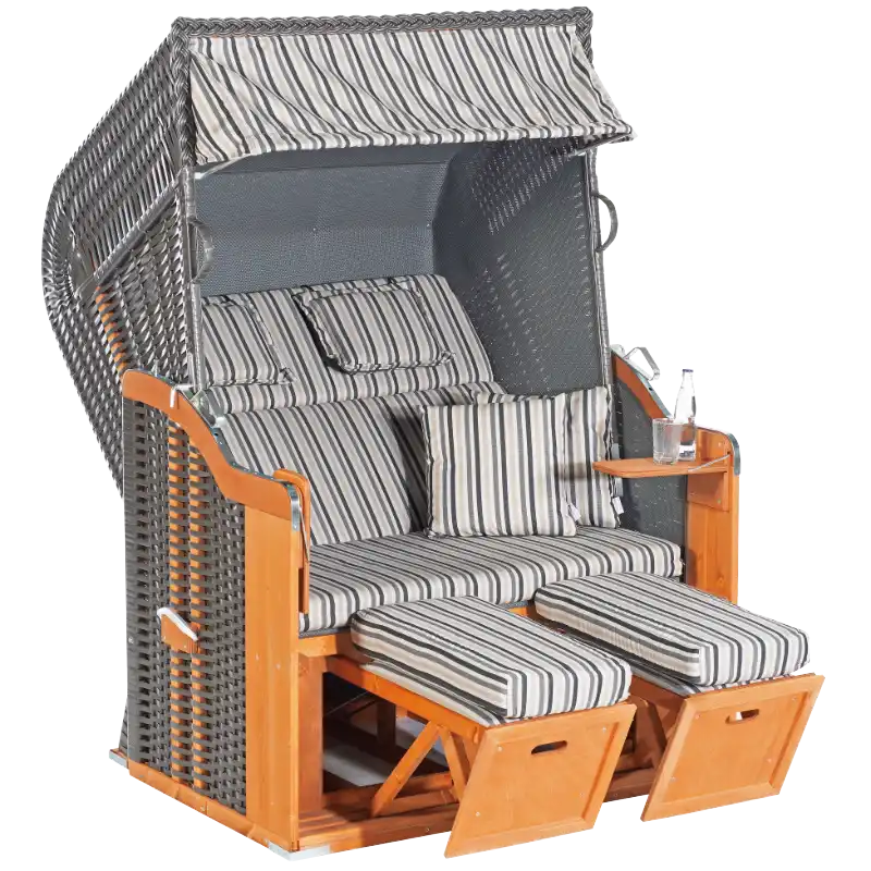 Strandkorb Rustikal 255 Plus, 2-Sitzer, Halbliegemodell, PVC-Kunststoffgeflecht anthrazit, Stoff 1131, Innenstoff anthrazit