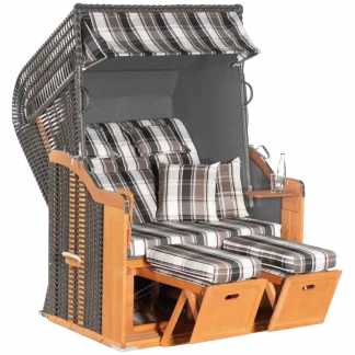 Strandkorb Rustikal 255 Plus, 2-Sitzer, Halbliegemodell, PVC-Kunststoffgeflecht anthrazit, Stoff 1217, Innenstoff anthrazit