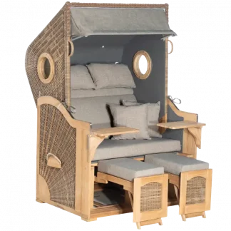 Strandkorb Rustikal 295 Plus Teak Cosy, 2-Sitzer, 3/4 Liegemodell, Geflecht antik-braun, Stoff 1238