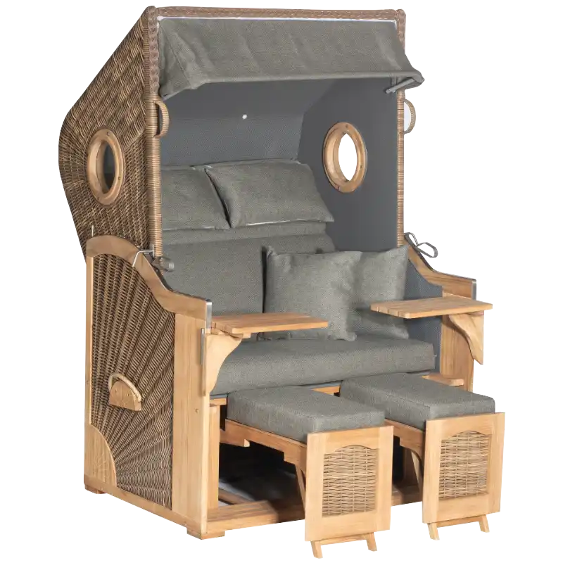 Strandkorb Rustikal 295 Plus Teak Cosy, 2-Sitzer, 3/4 Liegemodell, Geflecht antik-braun, Stoff 1249