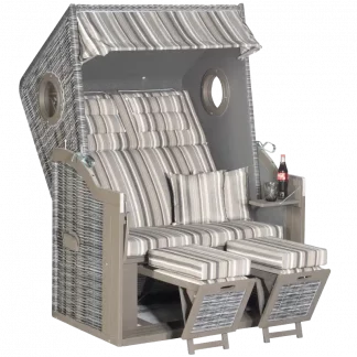 Strandkorb Rustikal 34 Z mit seitlichen Bullaugen, 2-Sitzer, PE-Kunststoffgeflecht onix, Stoff 1233, Innenstoff wetterfestes Textilen anthrazit